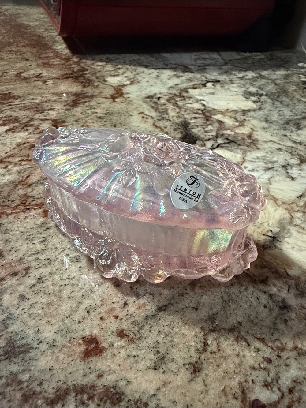 Fenton Iridescent Pink Glass Shell Trinket Box